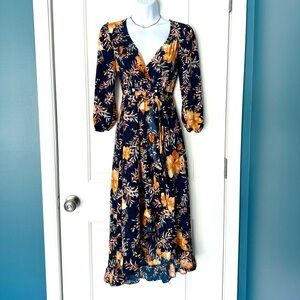 Francesca’s navy orange floral wrap maxi dress Size S EUC